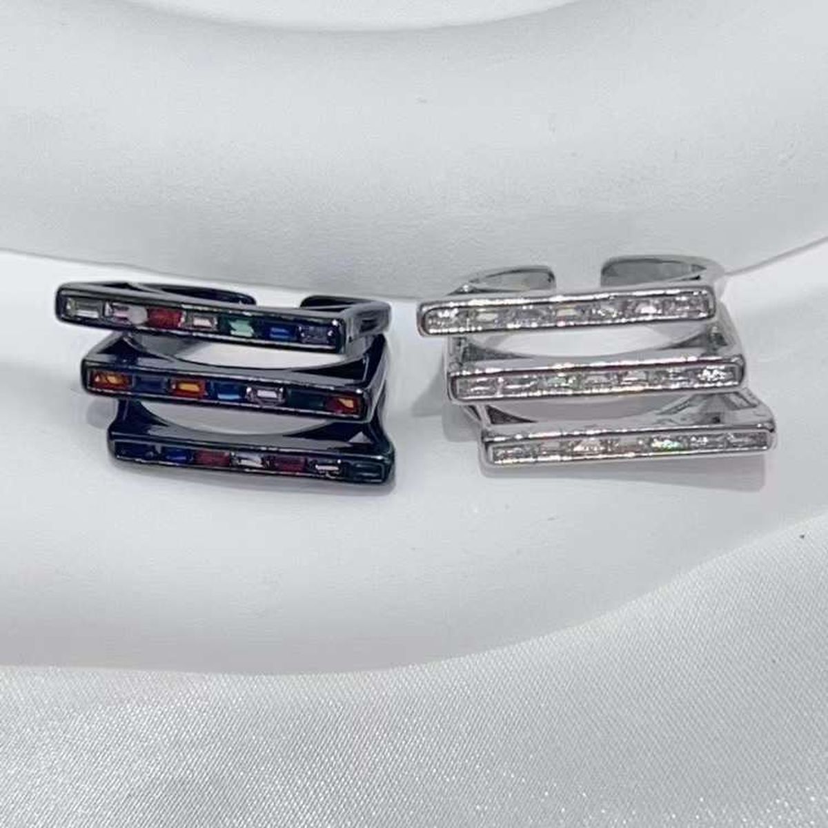 Baguette Layer Cubic Zirconia Silver Anti Tarnish Adjustable Ring Bulk