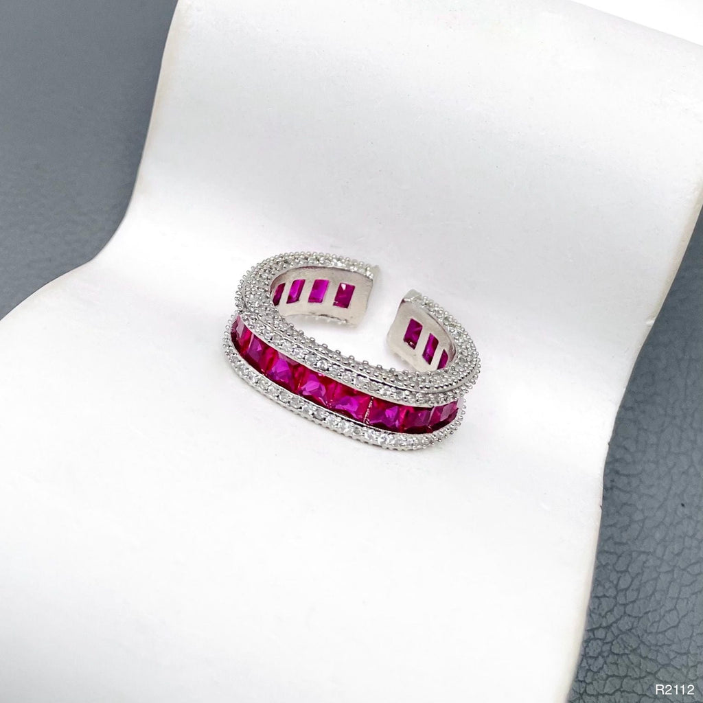CZ Crystal Ruby Pink Silver Anti Tarnish Free Size Ring Bulk