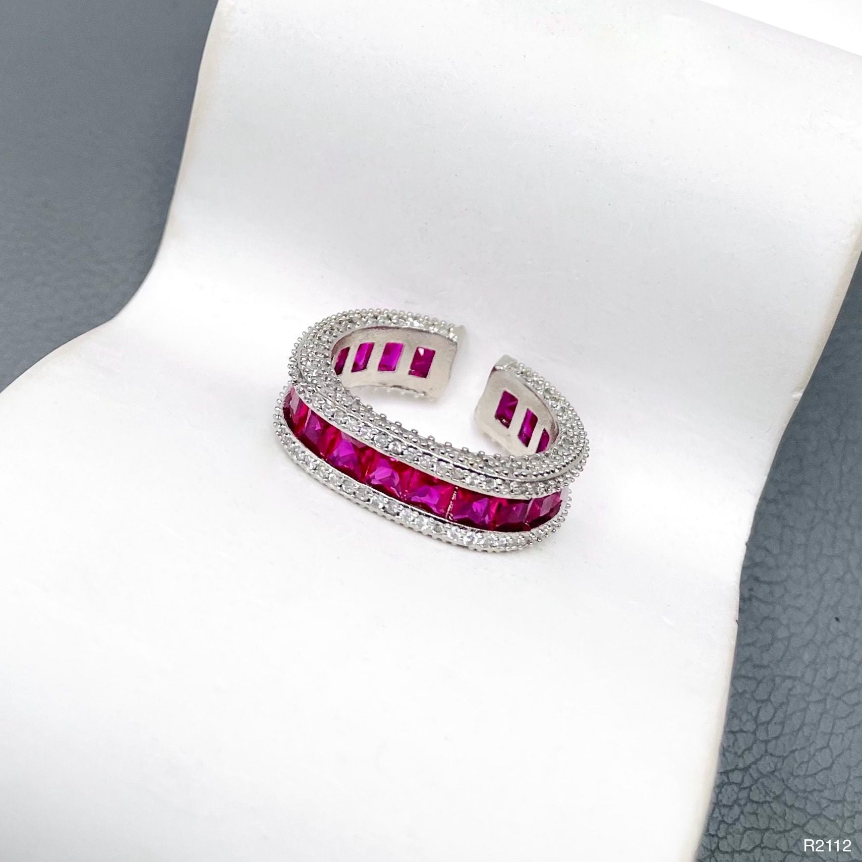 CZ Crystal Ruby Pink Silver Anti Tarnish Free Size Ring Bulk