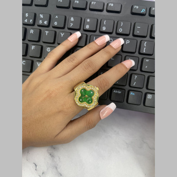 Clover Flower Green Dial Gold CZ Anti Tarnish Watch Ring Bulk Main image
