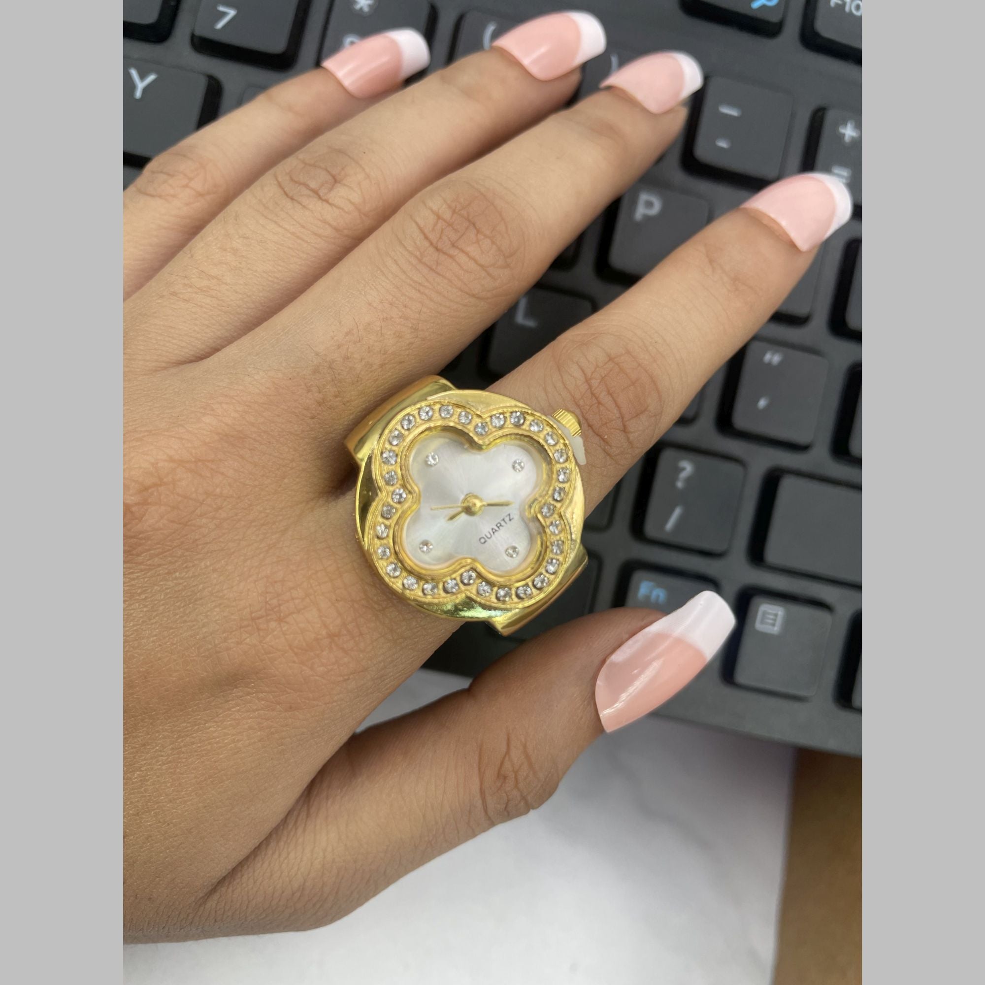 Clover Flower Green Dial Gold CZ Anti Tarnish Watch Ring Bulk