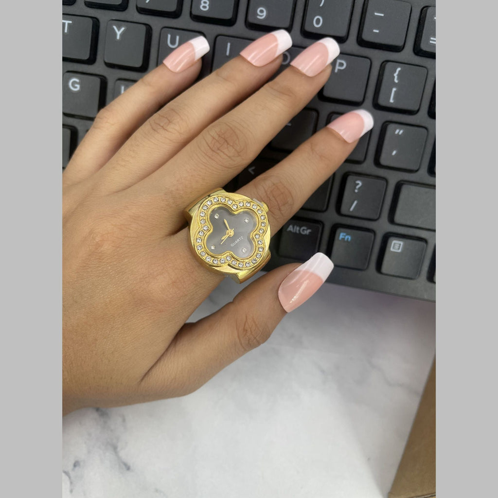 Clover Flower Green Dial Gold CZ Anti Tarnish Watch Ring Bulk