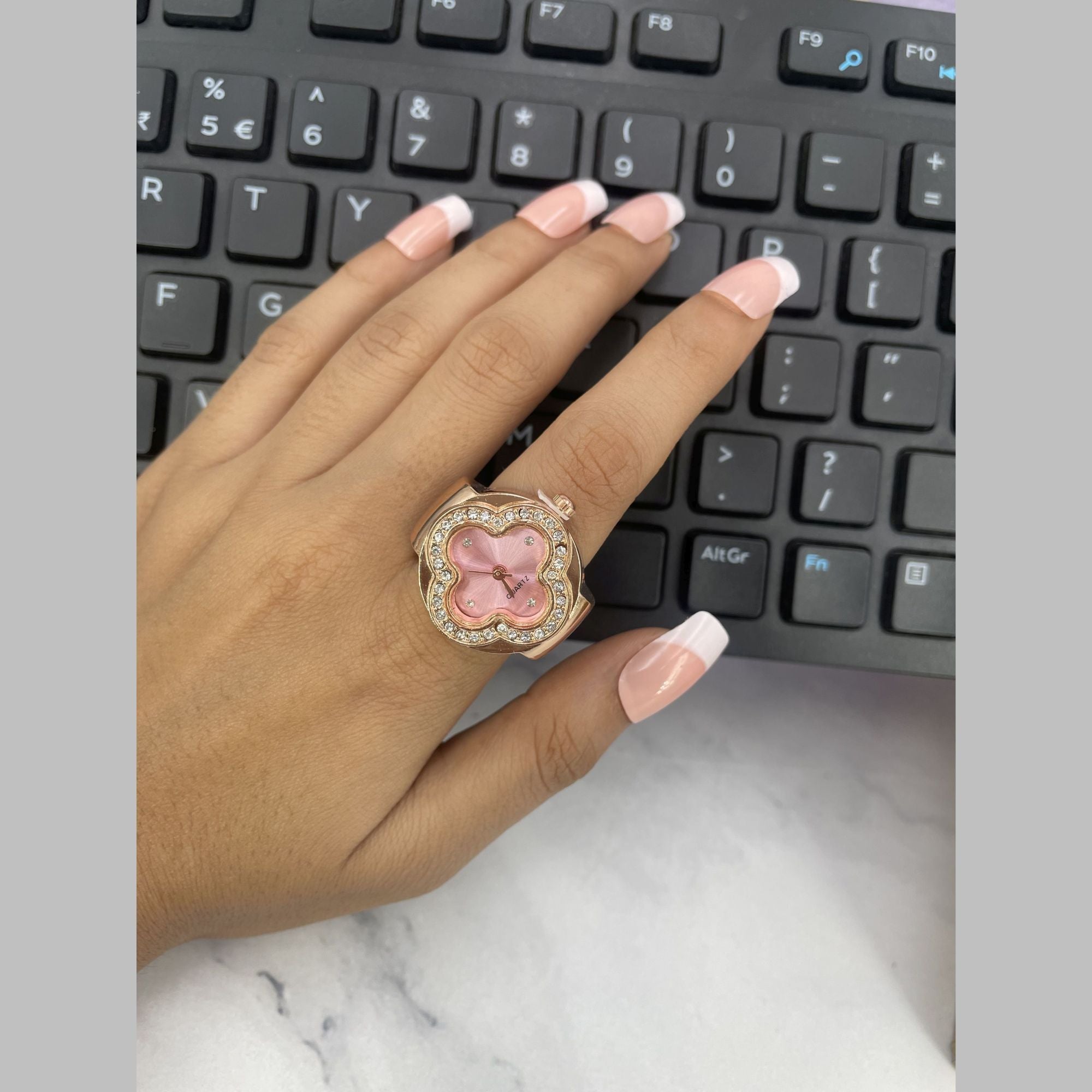 Clover Flower Green Dial Gold CZ Anti Tarnish Watch Ring Bulk