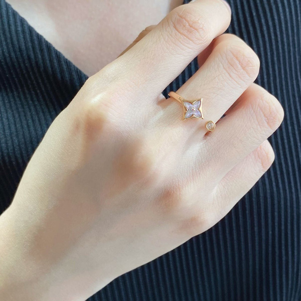 Clover Flower Cubic Zirconia Mother Of Pearl Rose Gold White Anti Tarnish Adjustable Ring For Women