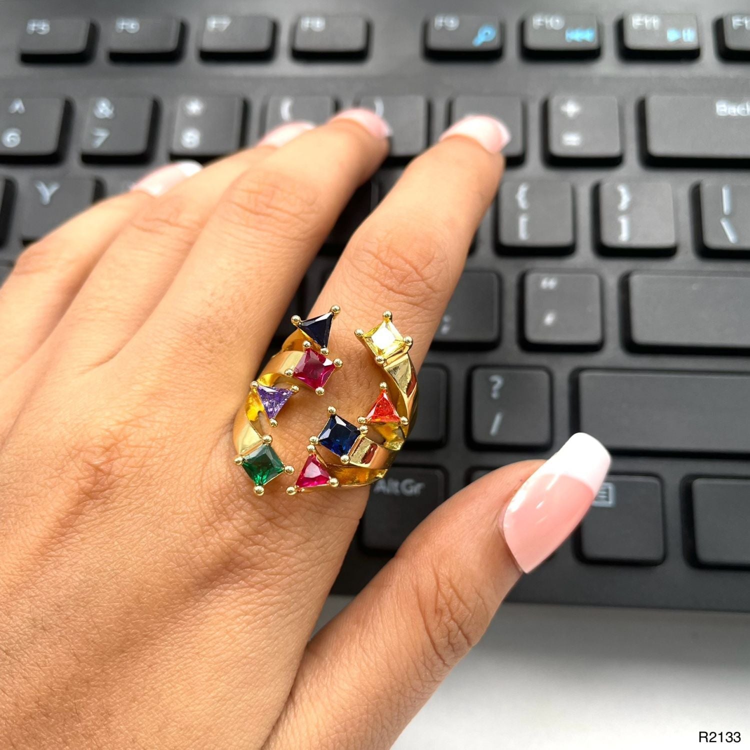 Geometric Share Gemstone Crystal CZ Multi Gold Anti Tarnish Ring Bulk Main image