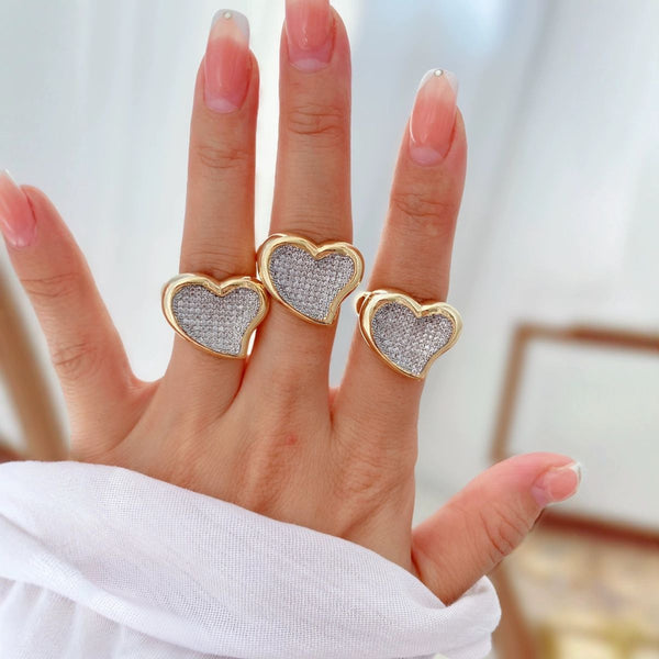 Heart Cubic Zirconia 18K Gold Silver Anti Tarnish Adjustable Ring Bulk Secondary image