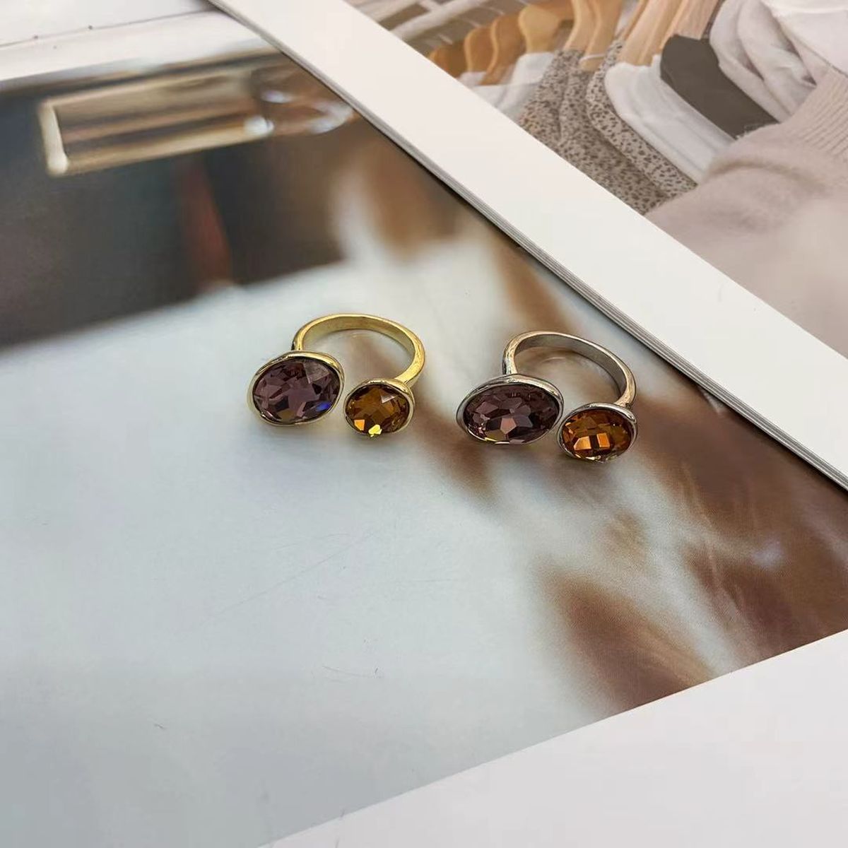 Oral Crystal Brown Purple Silver Anti Tarnish Adjustable Ring Bulk