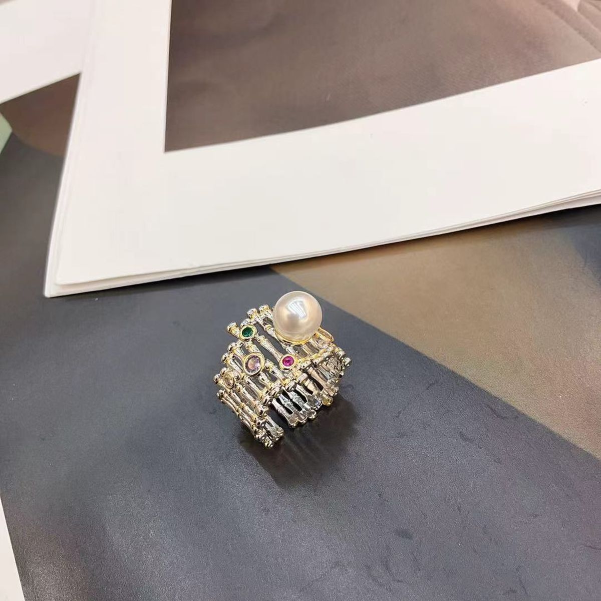 Rainbow CZ Pearl Crystal White Gold Anti Tarnish Band Ring Bulk Main image