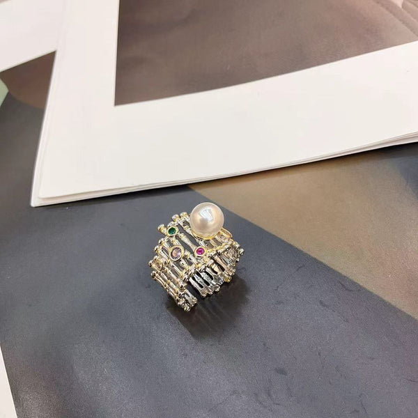Rainbow CZ Pearl Crystal White Gold Anti Tarnish Band Ring Bulk Main image