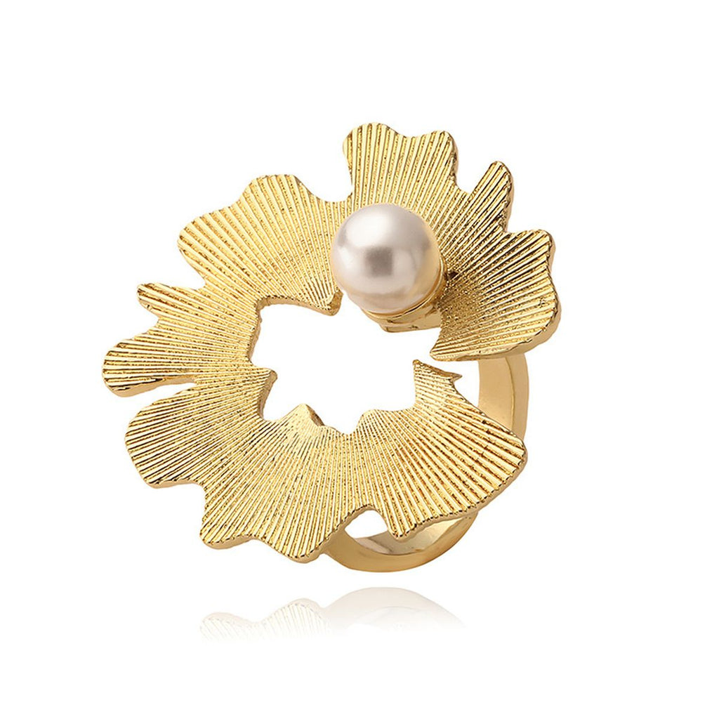 Flower Pearl 18K Gold White Anti Tarnish Adjustable Ring Women Bulk