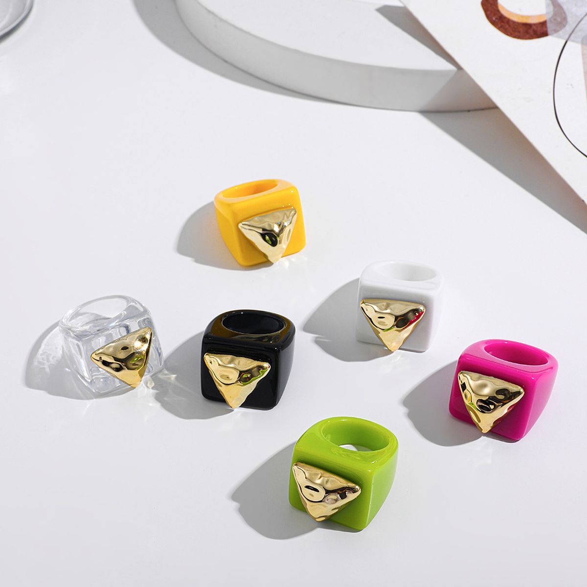 Dual Heart Triangle Cone Ball Gold Multicolor Retro Neon Ring Bulk
