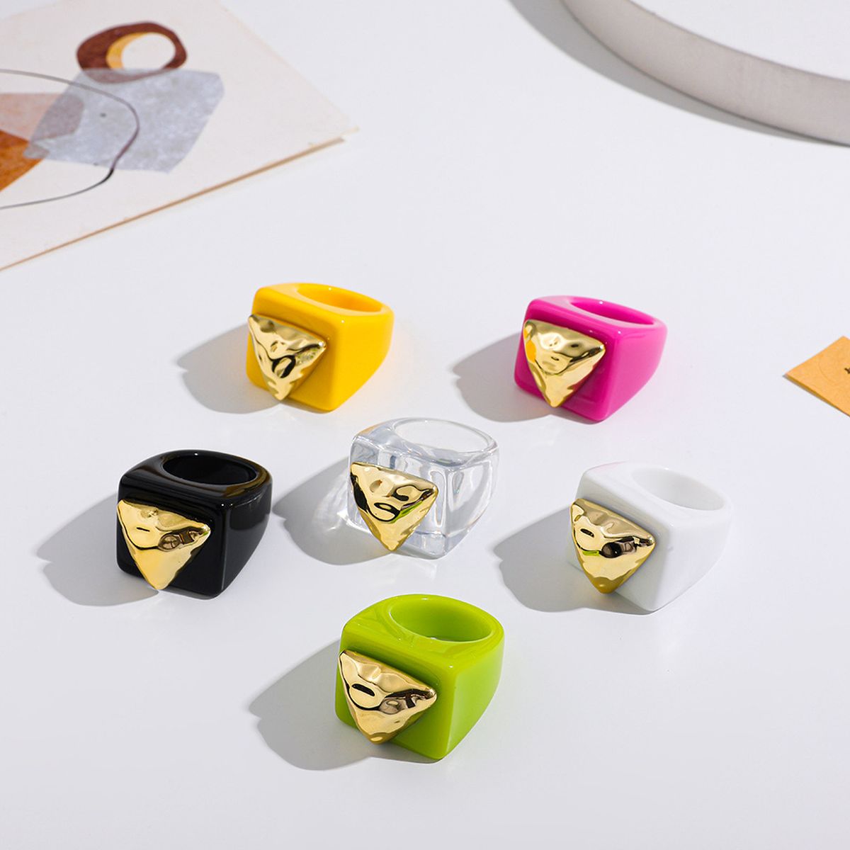 Dual Heart Triangle Cone Ball Gold Multicolor Retro Neon Ring Bulk