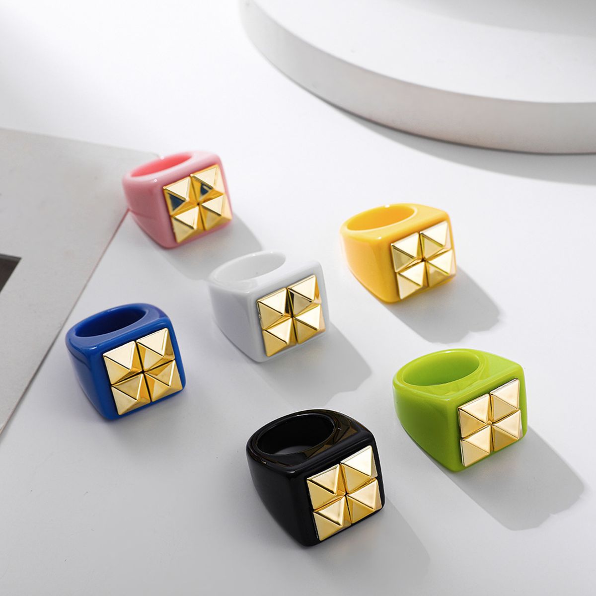 Dual Heart Triangle Cone Ball Gold Multicolor Retro Neon Ring Bulk