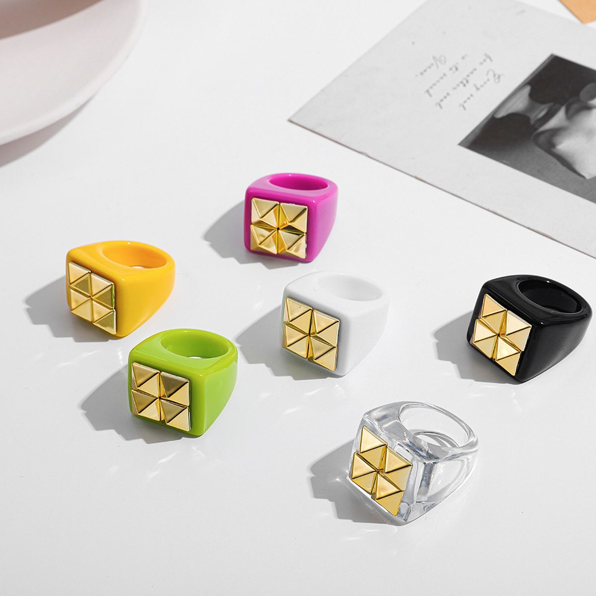 Dual Heart Triangle Cone Ball Gold Multicolor Retro Neon Ring Bulk