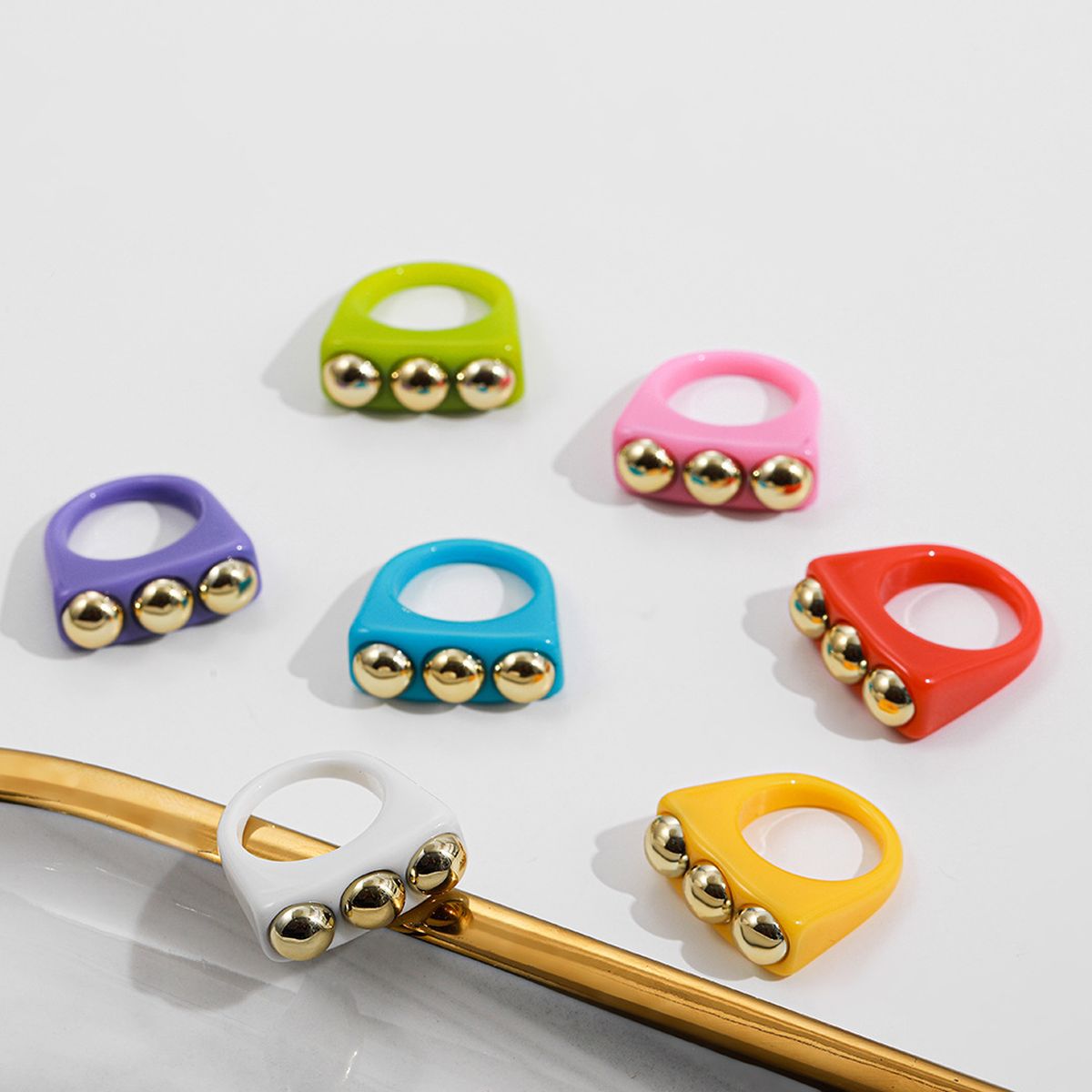 Dual Heart Triangle Cone Ball Gold Multicolor Retro Neon Ring Bulk