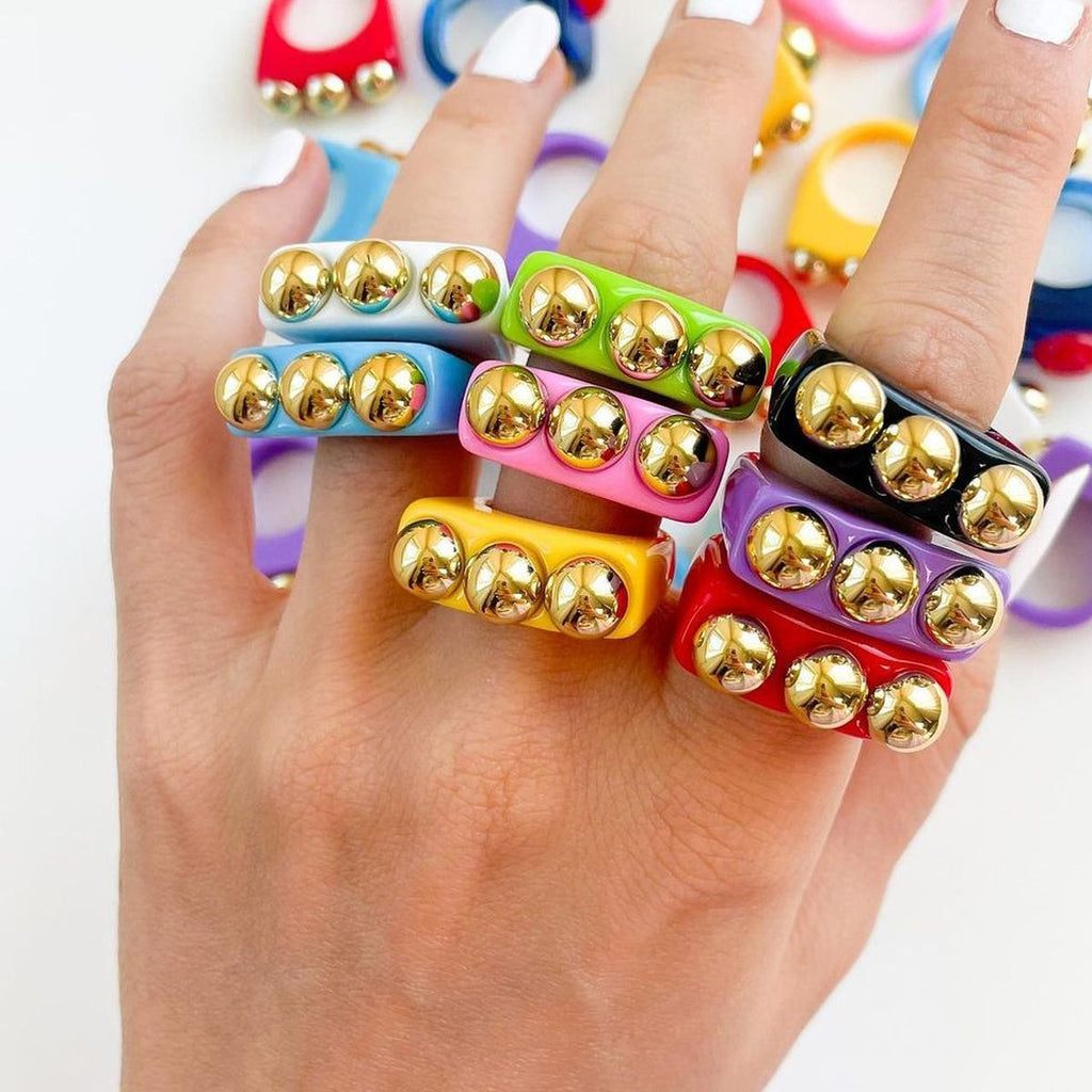 Dual Heart Triangle Cone Ball Gold Multicolor Retro Neon Ring Bulk