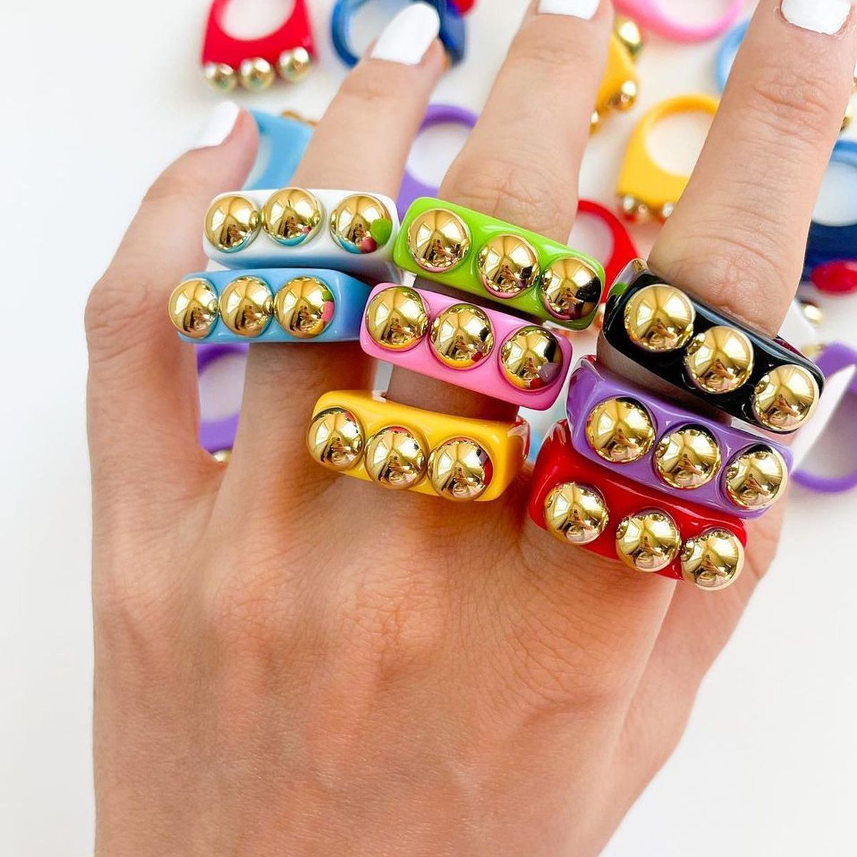 Dual Heart Triangle Cone Ball Gold Multicolor Retro Neon Ring Bulk