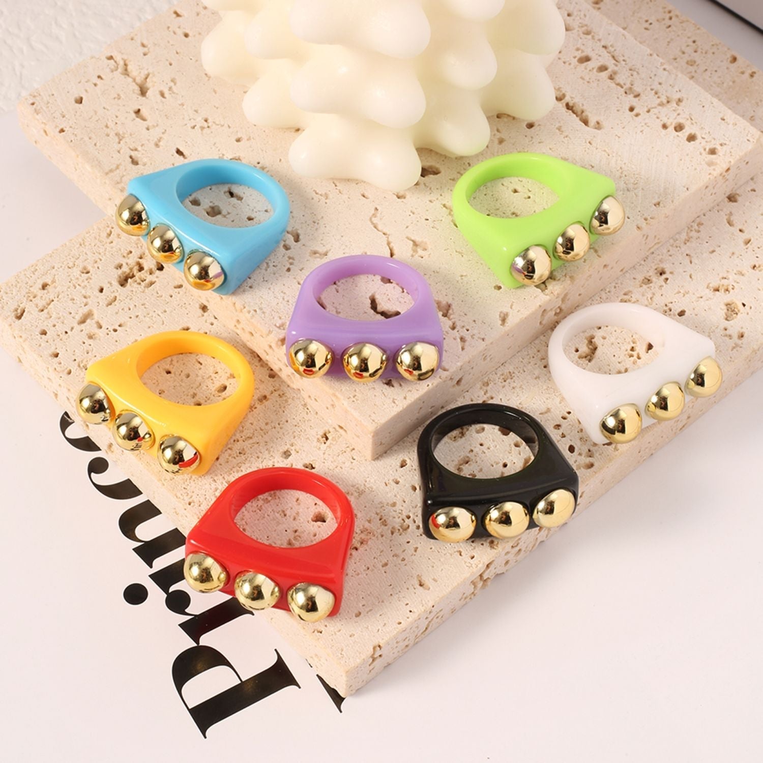 Dual Heart Triangle Cone Ball Gold Multicolor Retro Neon Ring Bulk