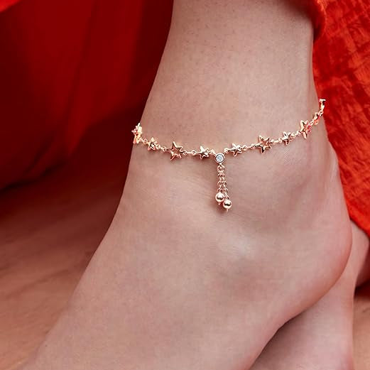 Minimal Star Link Rose Silver Gold CZ Anti Tarnish Brass Anklets Bulk