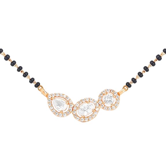 Three Stone Black Beads Rose Silver Gold CZ Brass Mangalsutra Wholesale
