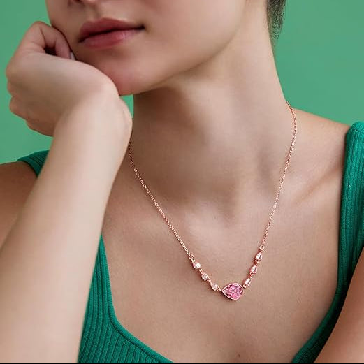 Pink Center Stone & Teardrop Rose Silver Gold CZ Brass Necklace Bulk Main image