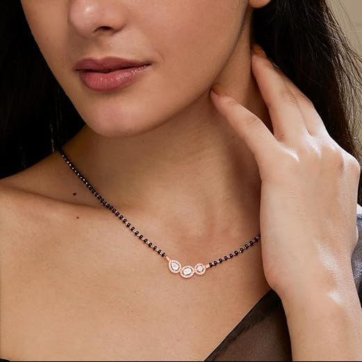 Three Stone Black Beads Rose Silver Gold CZ Brass Mangalsutra Wholesale Main image