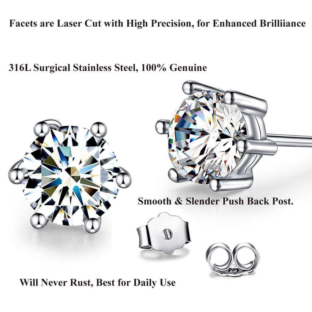 Solitaire 6 Mm Round Cut Cz Stainless Steel Ear Stud Pair Earring