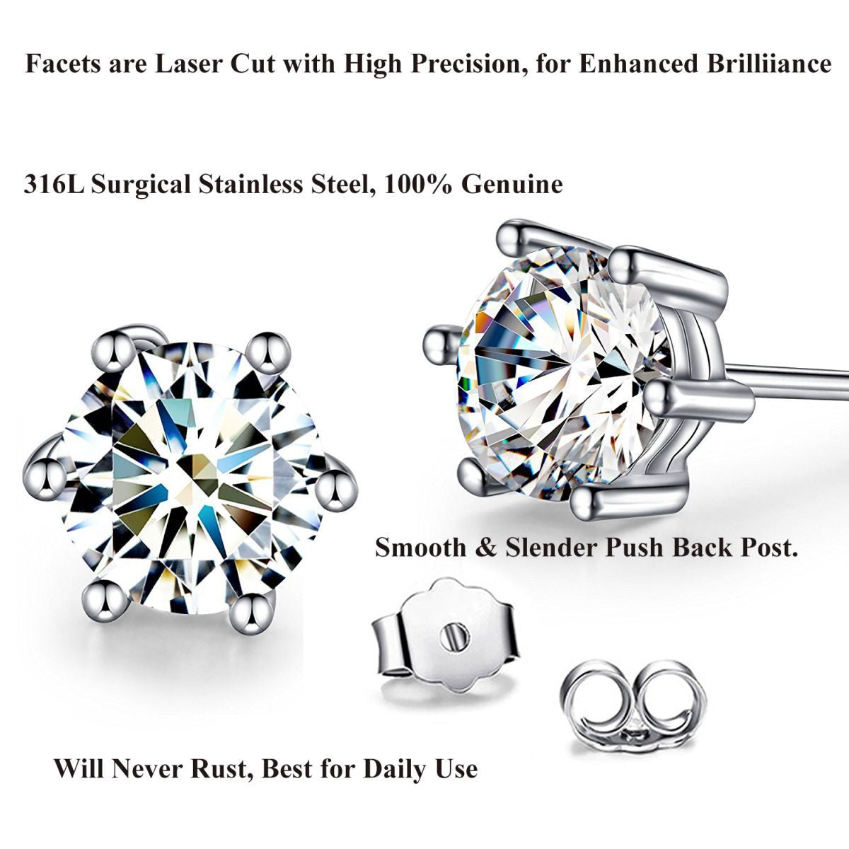 Solitaire 6 Mm Round Cut Cz Stainless Steel Ear Stud Pair Earring