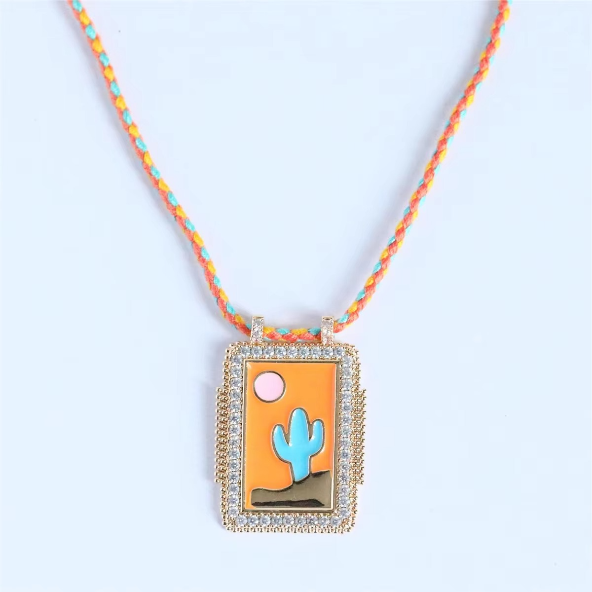 Cactus Tree Cubic Zirconia Enamel 18K Gold Orange Blue Thread Anti Tarnish Necklace Pendant For Women Main image