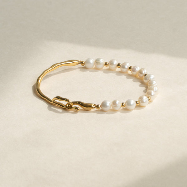 Pearl Chain White 18K Gold Stainless Steel Anti Tarnish Half Kada Bracelet For Women Main image