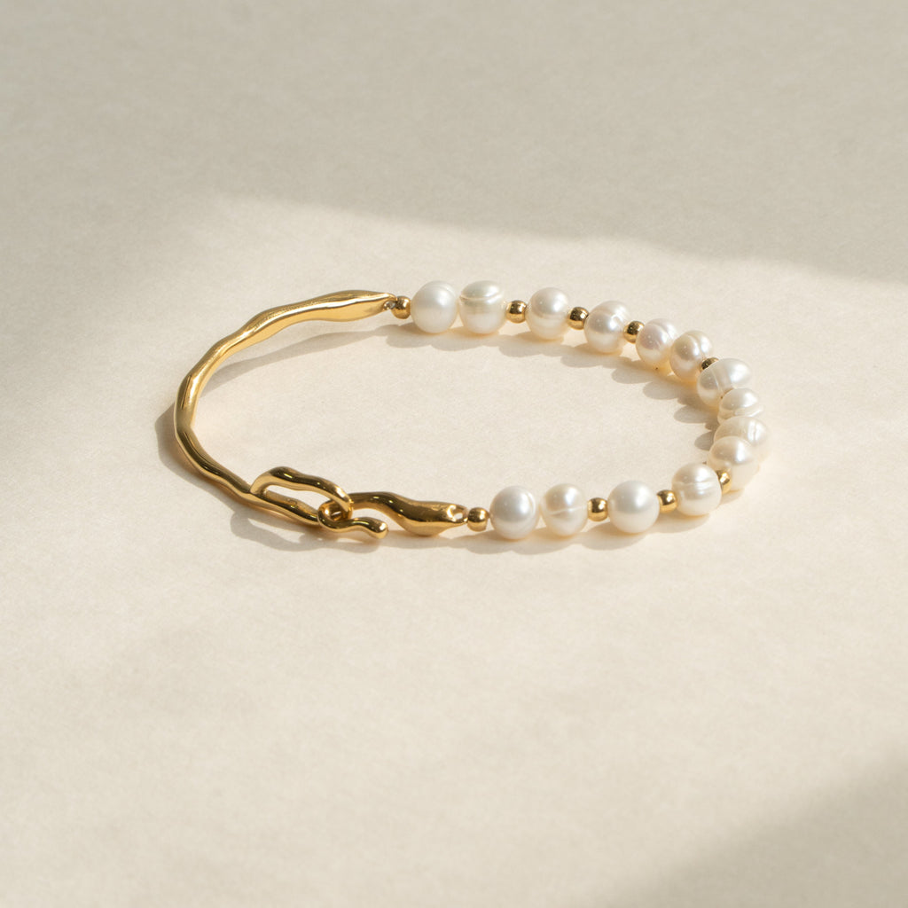 Pearl Chain White 18K Gold Stainless Steel Anti Tarnish Half Kada Bracelet For Women