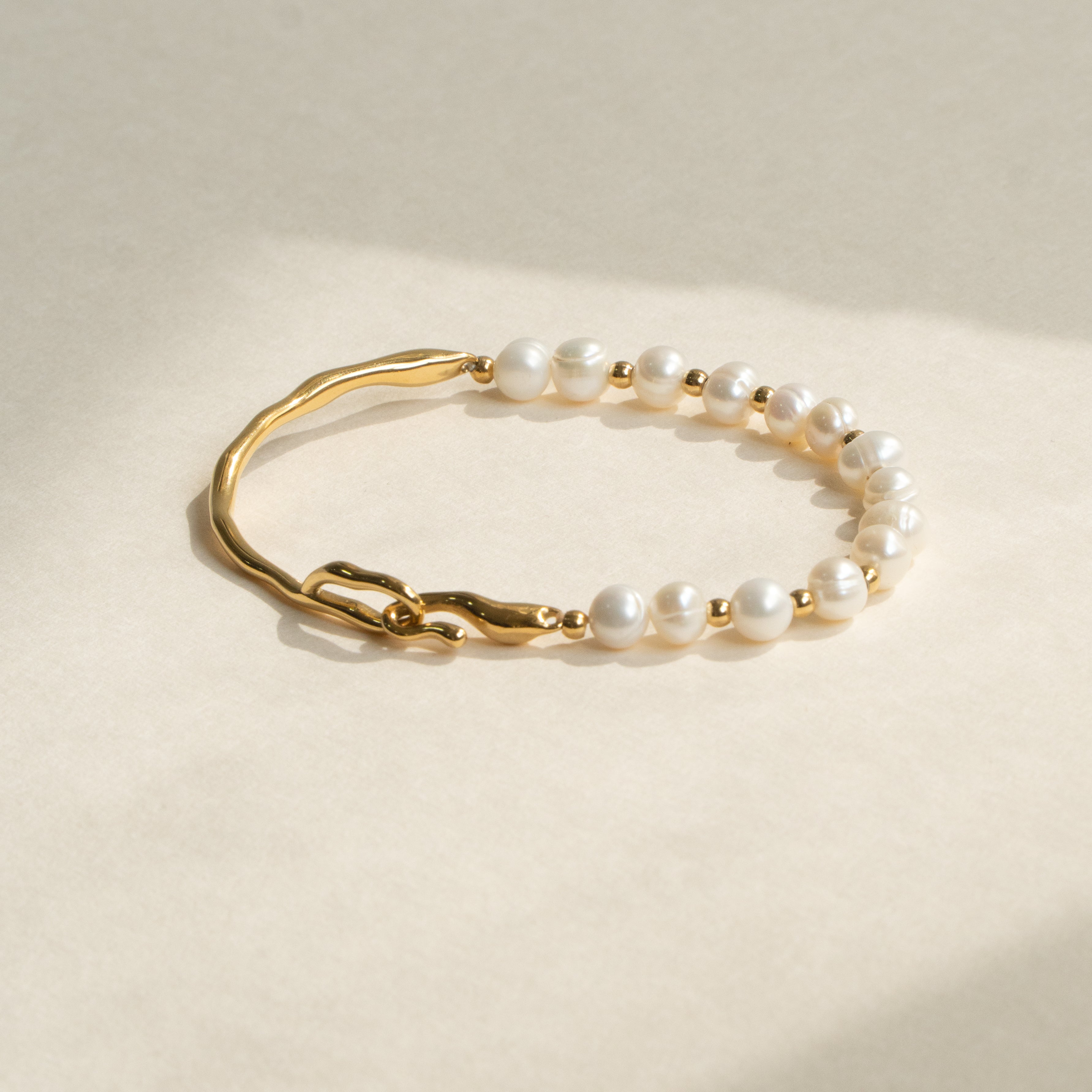 Pearl Chain White 18K Gold Stainless Steel Anti Tarnish Half Kada Bracelet For Women