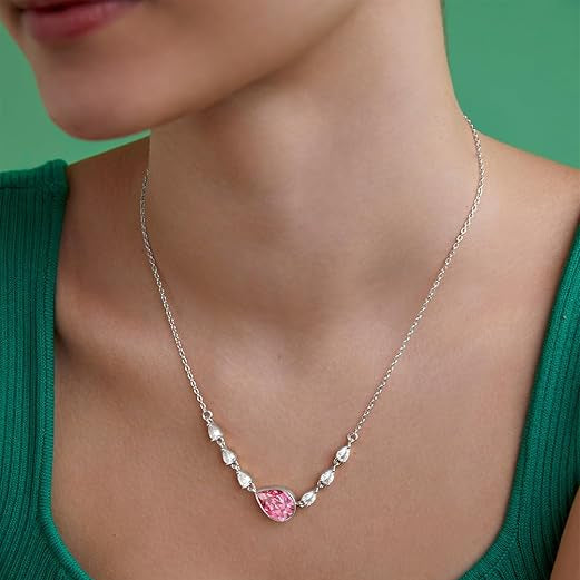 Pink Center Stone & Teardrop Rose Silver Gold CZ Brass Necklace Bulk