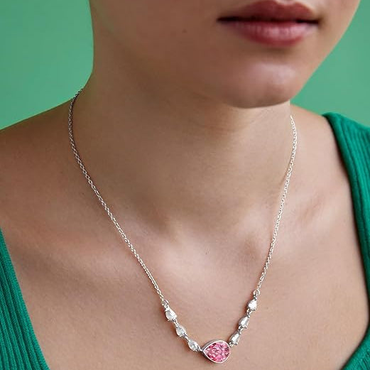 Pink Center Stone & Teardrop Rose Silver Gold CZ Brass Necklace Bulk