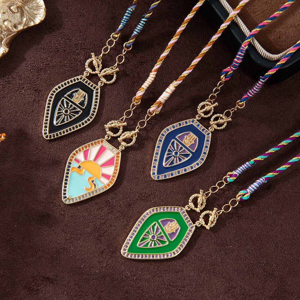 Drop Hamsa Hand Enamel 18K Gold Multicolor Toggle Thread Anti Tarnish Necklace Pendant For Women