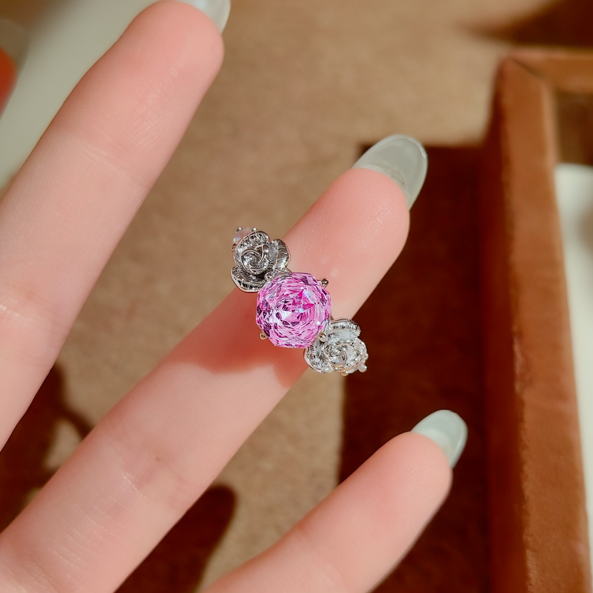 Luxury Silver Plated Round Cut CZ Copper Adjustable Cocktail Ring Bulk Secondary image