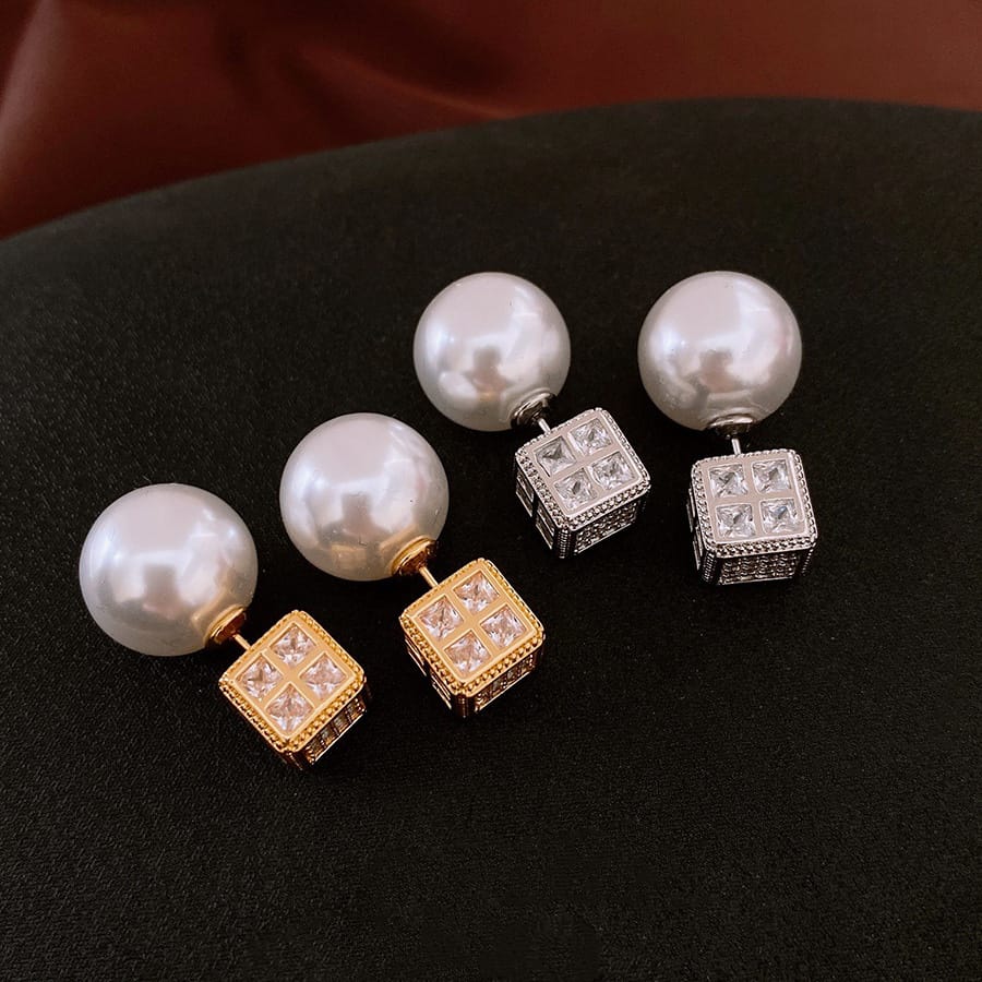 Square CZ Pearl 18K Gold Silver White Anti Tarnish Stud Earring Bulk Secondary image