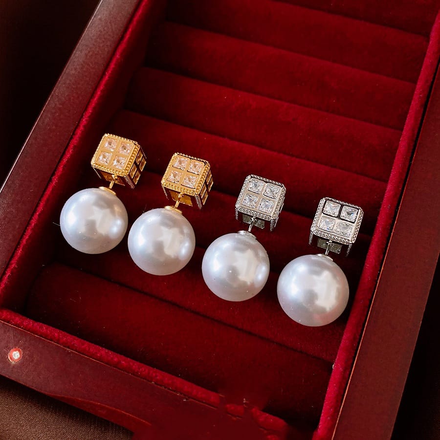 Square CZ Pearl 18K Gold Silver White Anti Tarnish Stud Earring Bulk