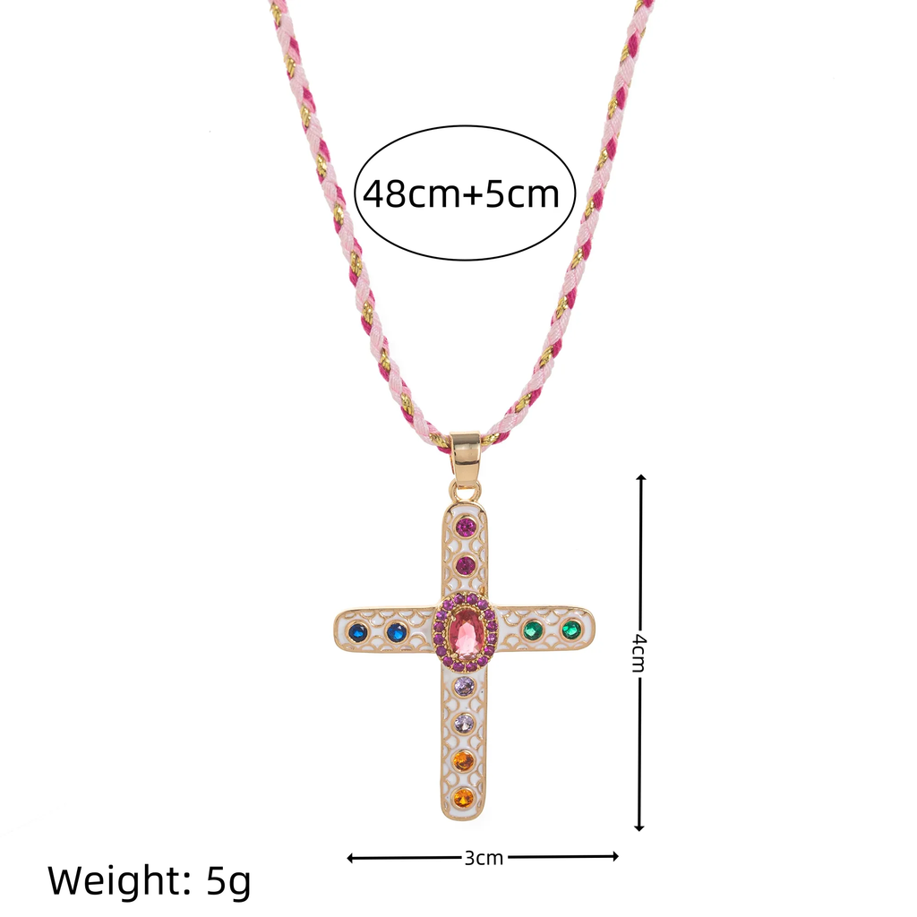 Cross Rosary Prayer Crystal Enamel 18K Gold Thread Anti Tarnish Necklace Pendant For Women