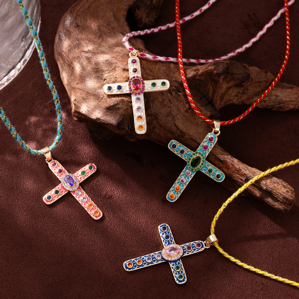 Cross Rosary Prayer Crystal Enamel 18K Gold Thread Anti Tarnish Necklace Pendant For Women