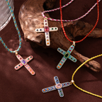 Cross Rosary Prayer Crystal Enamel 18K Gold Thread Anti Tarnish Necklace Pendant For Women