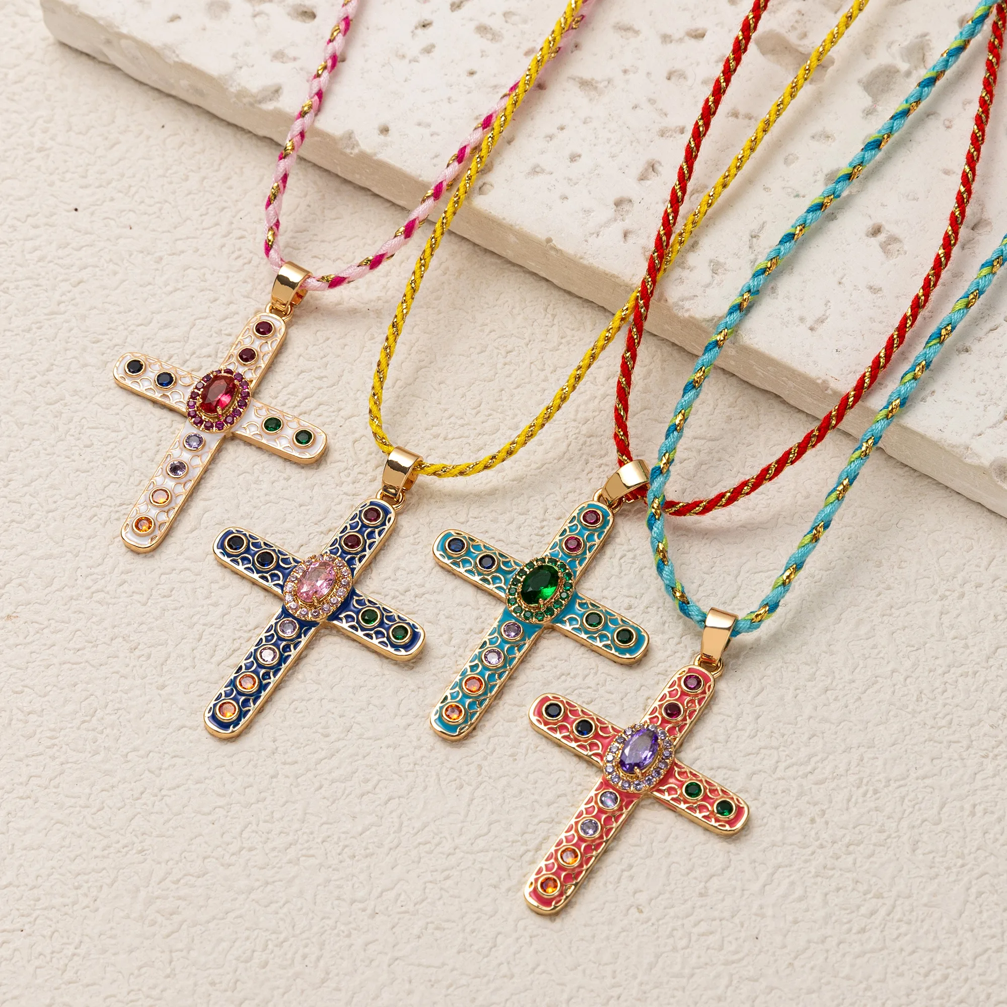 Cross Rosary Prayer Crystal Enamel 18K Gold Thread Anti Tarnish Necklace Pendant For Women Main image