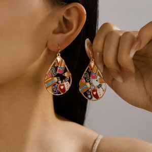 Multi Color Enamel Pencil & Number Gold Teardrop Dangler Earrings Bulk