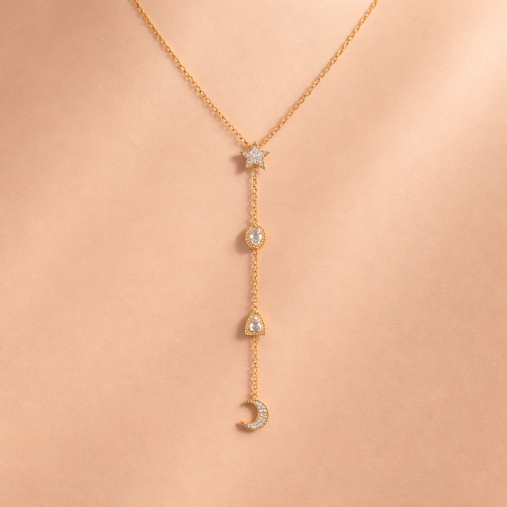 Minimal Star Moon Gold Plated CZ Anti Tarnish Copper Necklace Wholesale