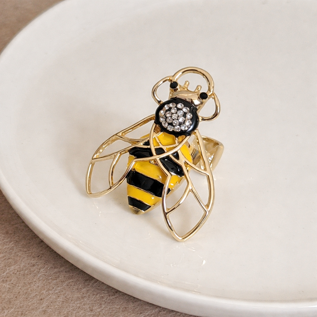 Bulk Yellow Black Honeybee Gold Rhinestone Adjustable Fancy Ring