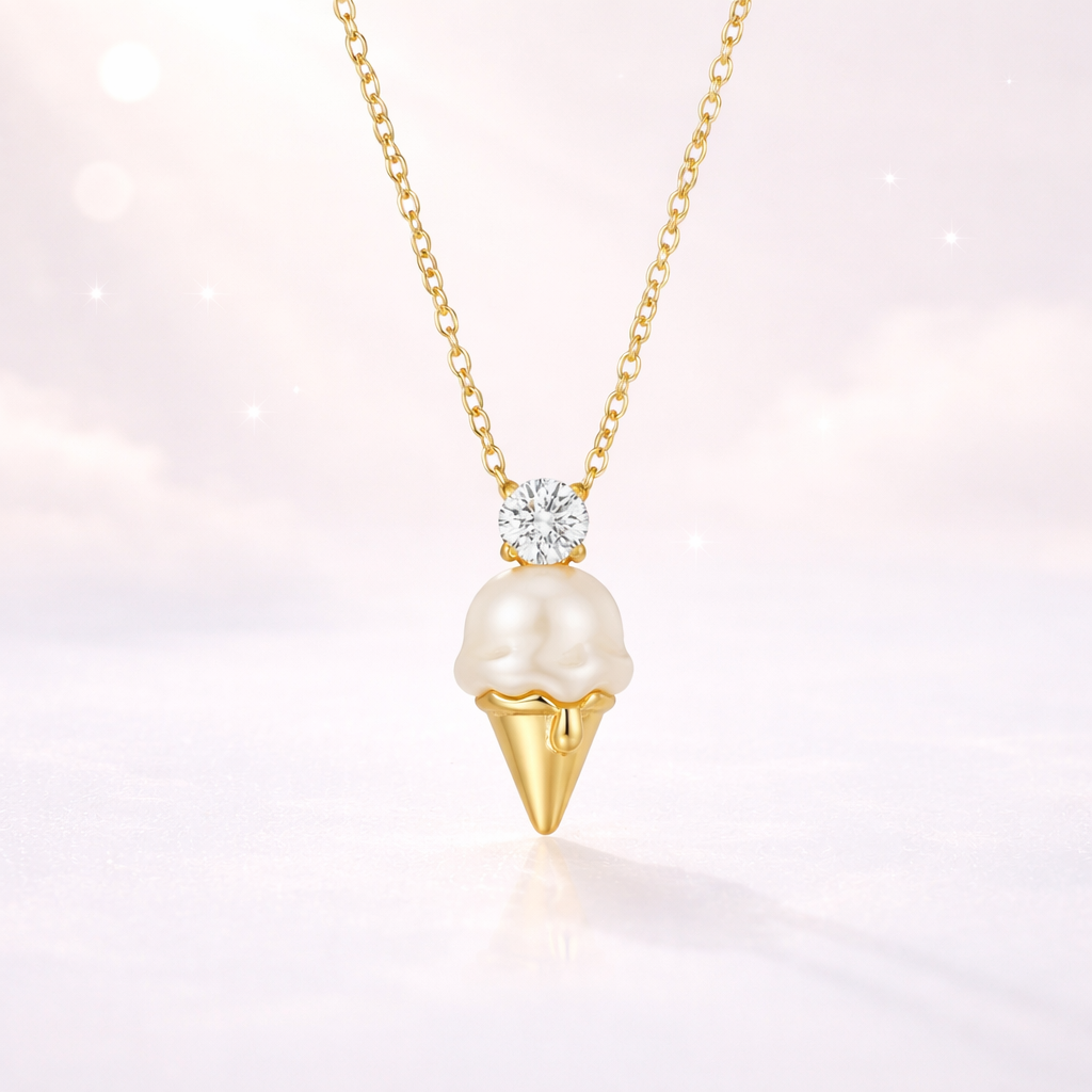 Trendy Ice Cream Charm Gold CZ Pearl Anti Tarnish Copper Necklace Bulk
