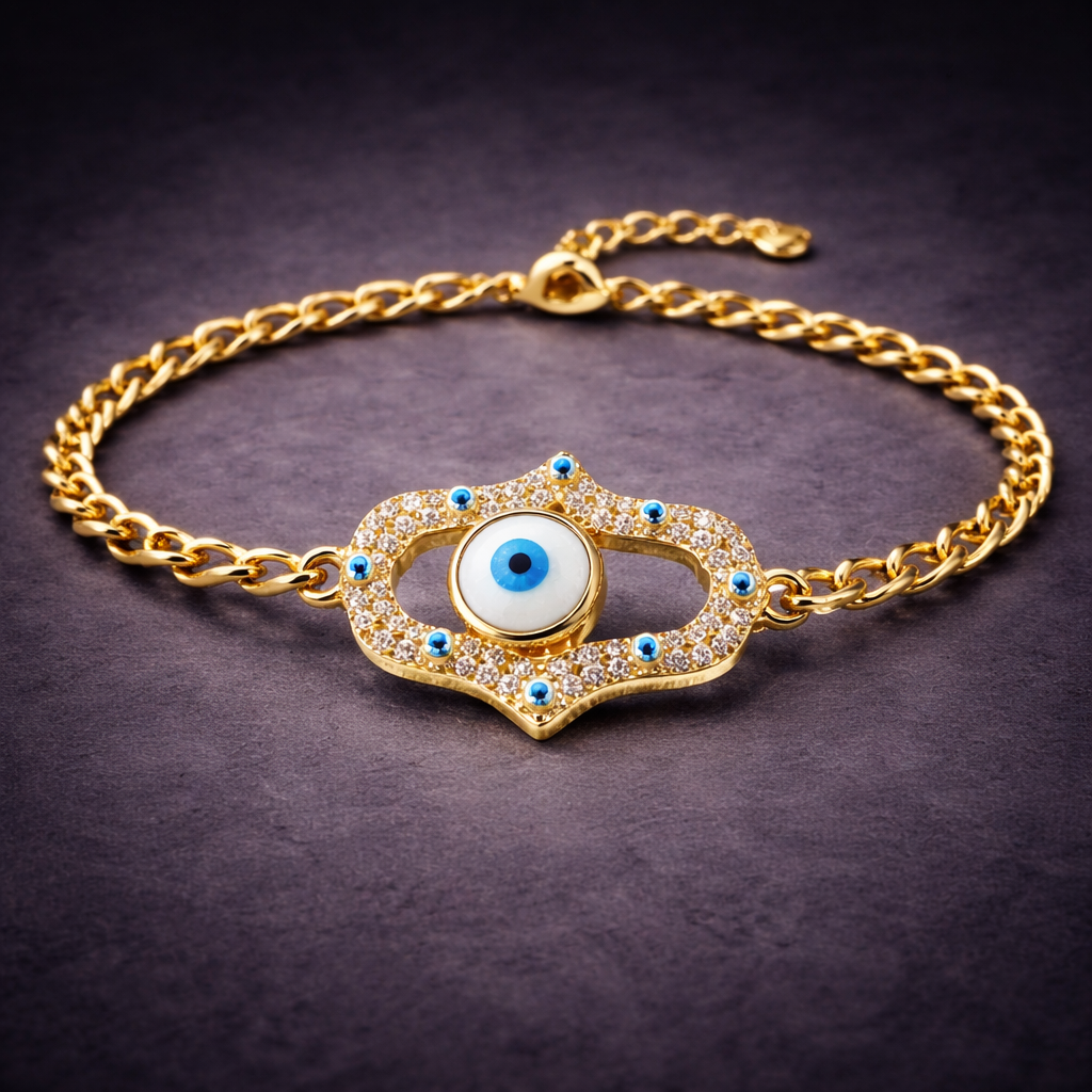 Bulk Blue White Hamsa Evil Eye Gold CZ Anti Tarnish Copper Bracelet