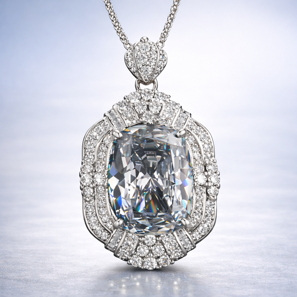 White High Sparkle Cushion Cut Silver Plated CZ Copper Pendant Bulk