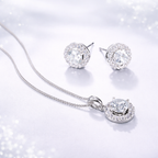 Luxury Round Halo Rose Silver Gold CZ Copper Necklace Earring Set Bulk