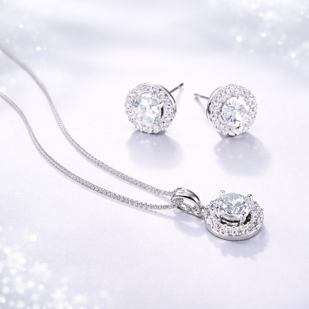 Luxury Round Halo Rose Silver Gold CZ Copper Necklace Earring Set Bulk